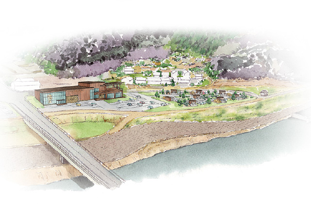 アウトドアヴィレッジやかげ全景パース画像（空撮構図）