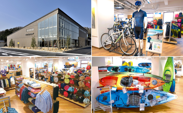 モンベルストア店内の商品陳列の画像 自転車やカヤックの販売もしています