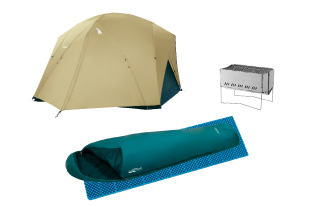 商品画像を４点配置。ムーンライトテント４型、バロウバッグ＃3、フォームパッド16、ファイヤーピットを掲載。